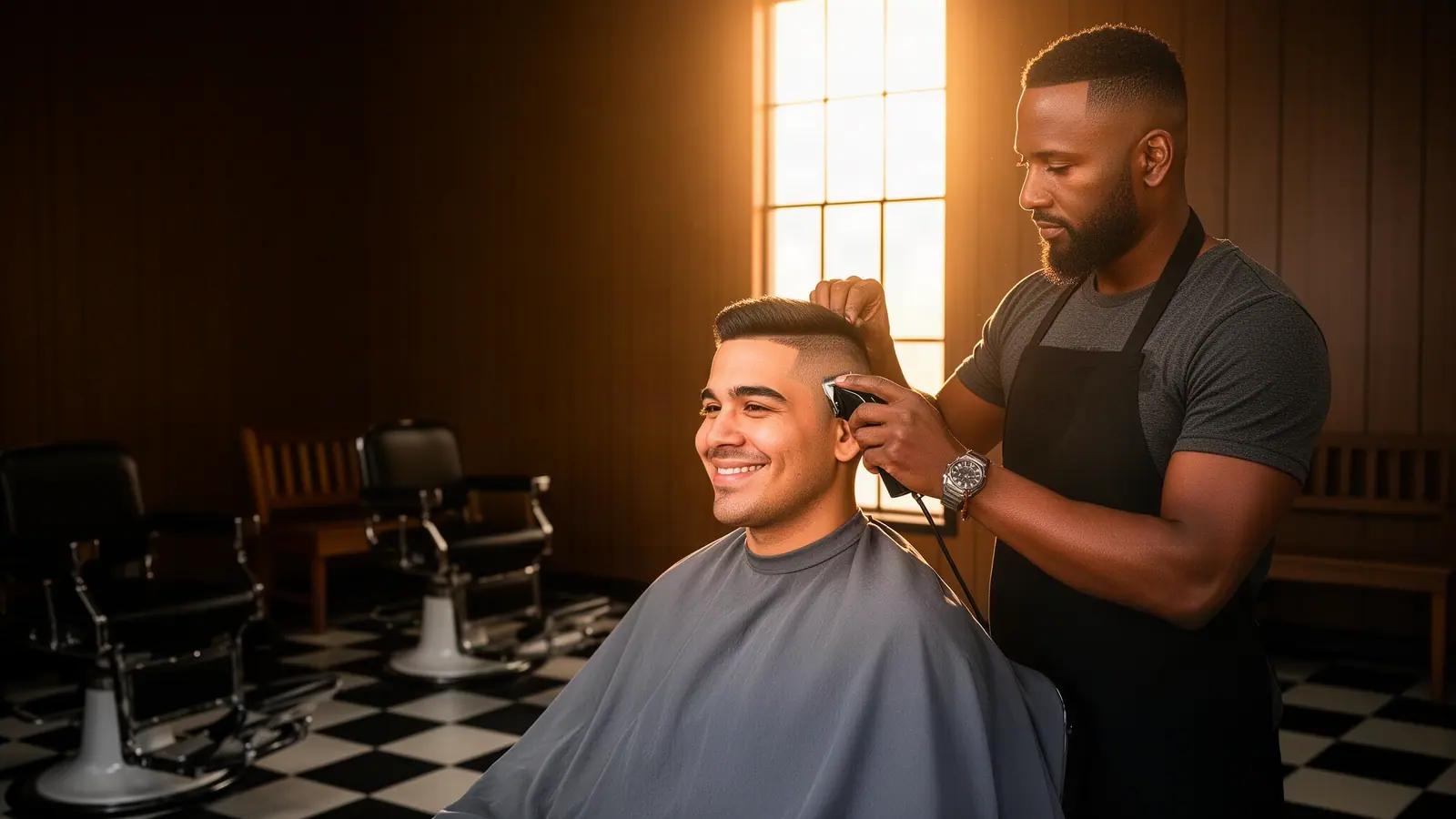A barber giving a smiling client a fade with clippers in a sunlit small-town barber shop.